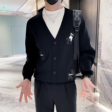 拼图白色长袖针织衫V领高级感提花拼色痞帅男士开衫夹克外套秋季，男装针织衫/毛衣，星座601-1