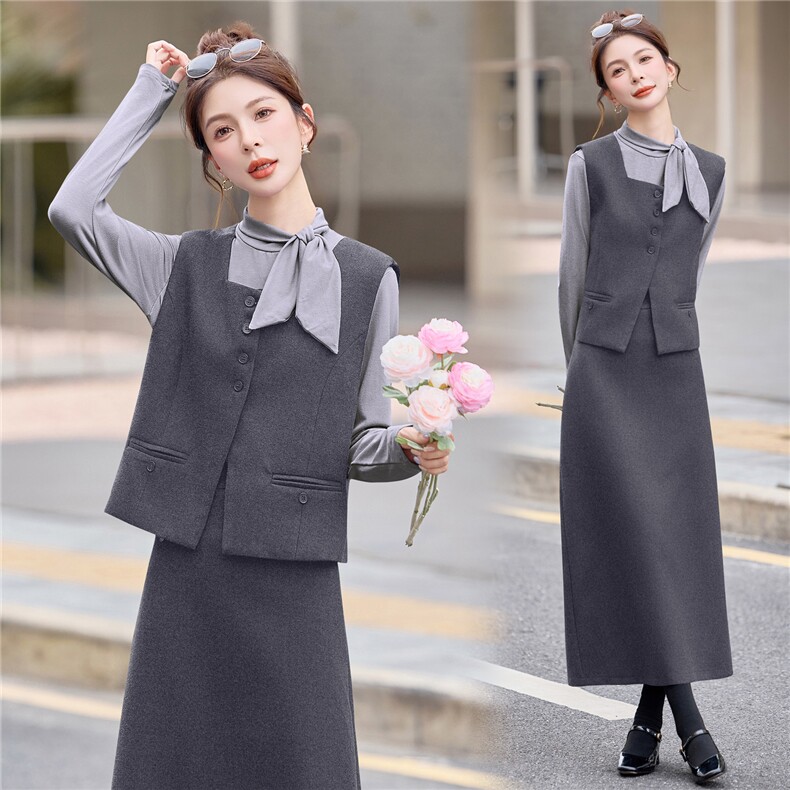 轻熟风通勤职业套装裙女2025秋季蝴蝶结气质衬衫马甲半身裙三件套，女装套装/套裙，意芙