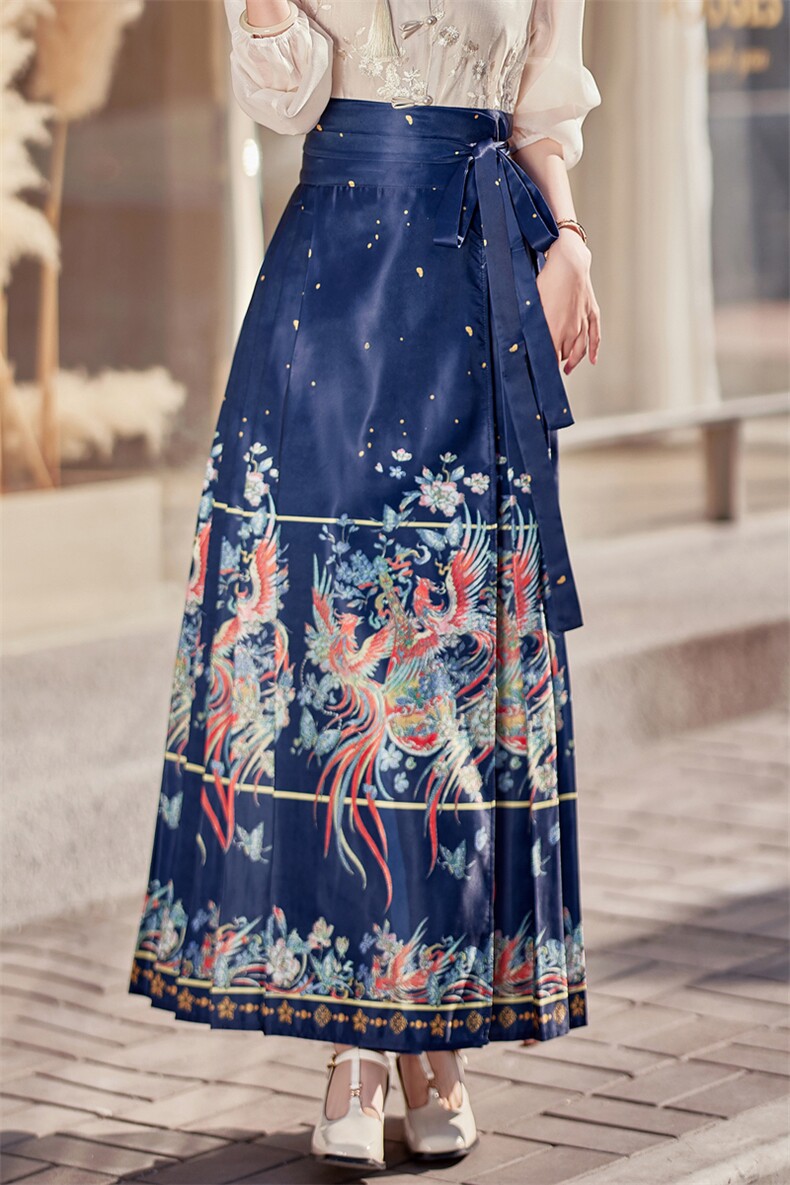 新中式改良马面裙女2024春高腰显瘦中国风印花百褶汉服半身裙,女装半身裙,采品优优