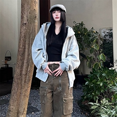 抖音得物高品质秋冬美式高街重磅结构辑明线纹理连帽卫衣外套W111，女装短外套，电商A486-1