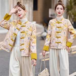 新中式盘扣羽绒服女2025冬季新款黄色提花唐装白鸭绒短款外套图片