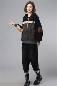 2021年冬季宽松拼接撞色拼贴连帽套装图片