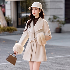 现货主推新款简约时尚气质保暖大西装真狐狸袖毛双面呢大衣送腰带，女装双面呢大衣，韩美纤衣