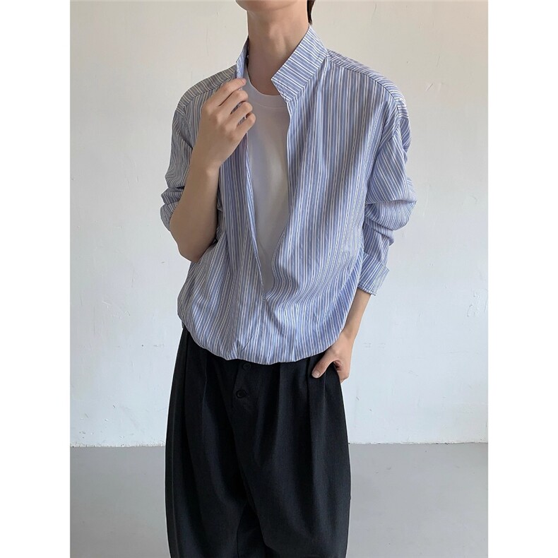 新款韩版假两件条纹长袖衬衫男休闲复古宽松衬衣潮WLCS2088-P50，男装衬衫，星座1008