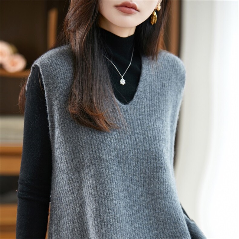 法式极简风V领纯羊毛针织马甲女2025新无袖套头毛衣外搭坎肩上衣,女装羊毛衫,迅太羊绒