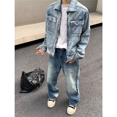 复古水洗做旧多口袋工装牛仔外套男女vibe宽松设计感翻领夹克，男装工装外套，星座1210-1