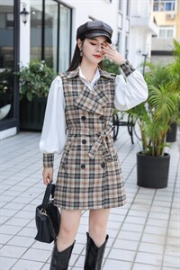 现货秋装格子衬衣两件套图片