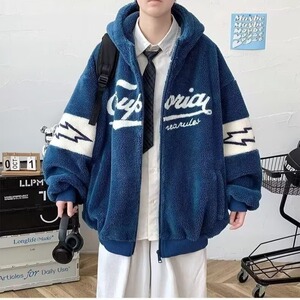 羊羔绒外套男秋冬季加厚连帽棉服青少年冬装潮牌宽松棉衣夹克图片