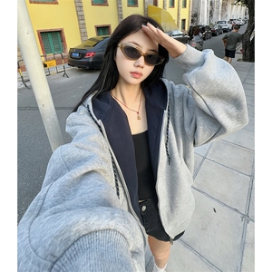 抖音得物二开美式高街重磅结构双层撞色连帽卫衣开衫外套W116图片