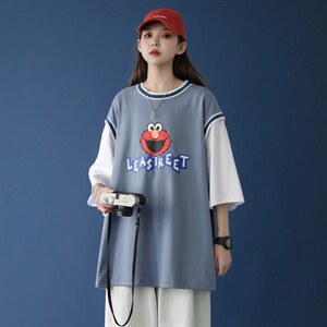 蓝墙夏季港风假两件潮流百搭休闲宽松短袖T恤男女A300-T1010-P35,女装T恤,天晨