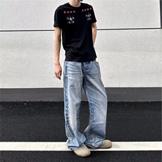 美式复古高街浅色牛仔裤男春秋款直筒宽松阔腿长裤子NZK6087-p58，男装牛仔裤，星座302B-2