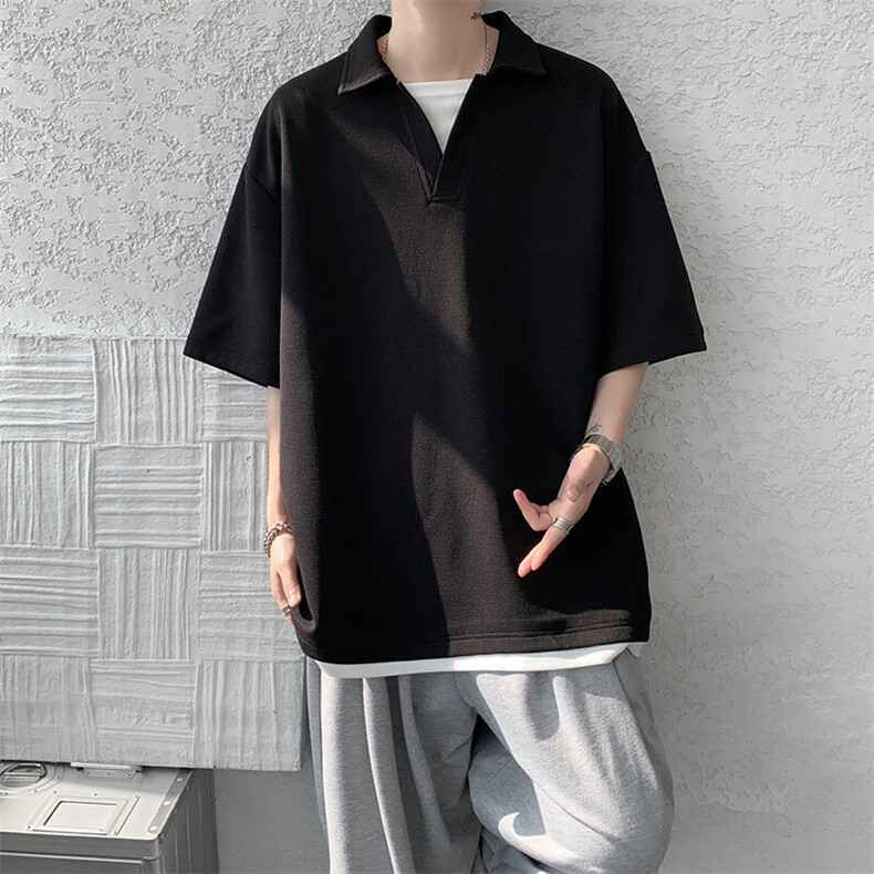 8XL-M假两件V领短袖t恤男夏翻领半袖宽松重磅华夫格大码DT001P40,男装T恤,电商B312