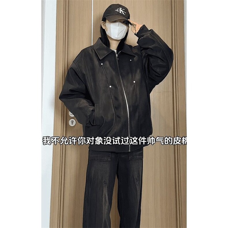 秋冬新款加棉翻领皮棉服男女机车防风加厚保暖棉袄潮流宽松皮外套,男装棉衣,星座506A