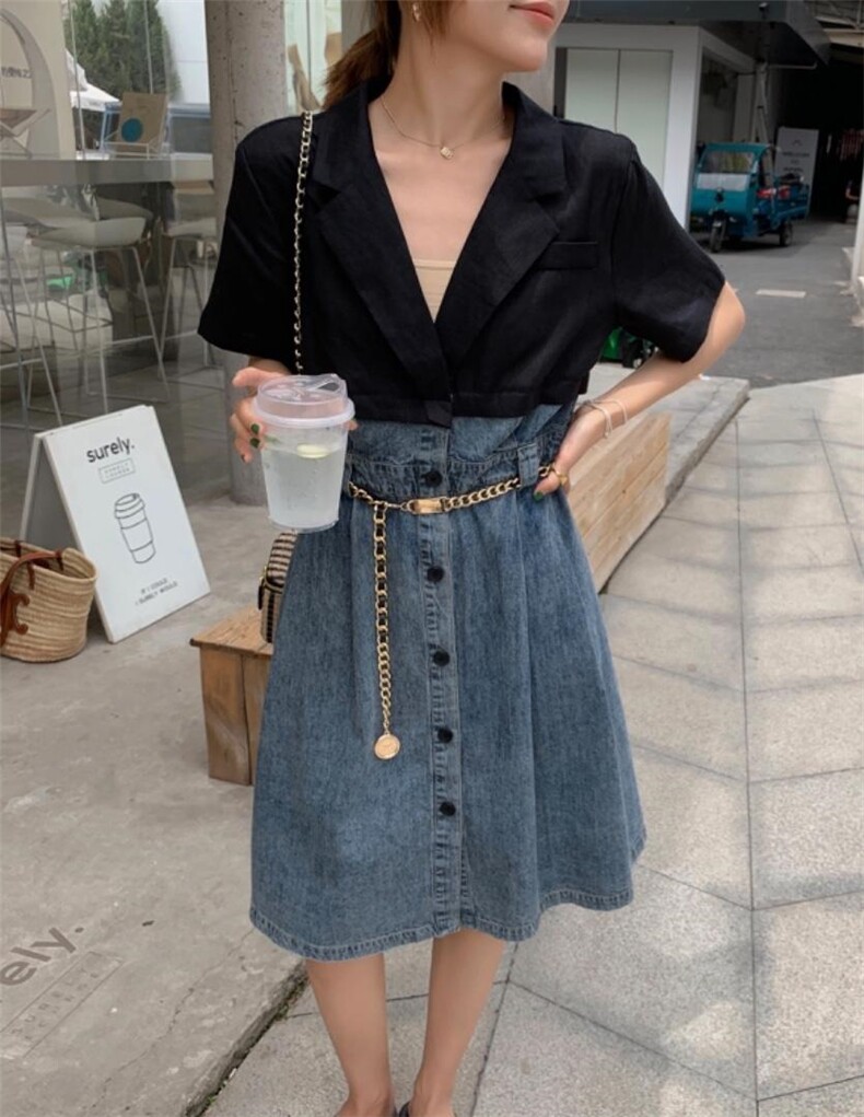 牛仔拼麻连衣裙，女装连衣裙，肆尔