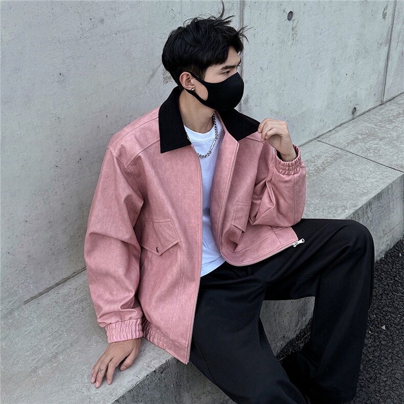 秋冬男士皮衣拼接翻领潮流机车夹克情侣机能外套图片