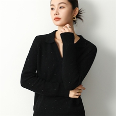 时尚长袖套头POLO领简约百搭亮片显瘦针织衫，女装羊毛衫，若菲羊绒