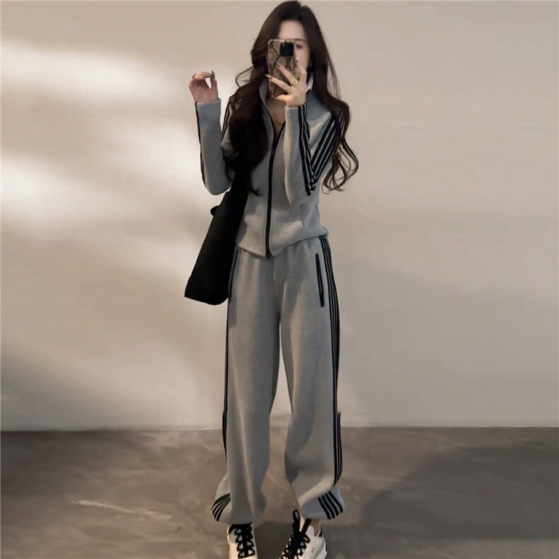 时尚休闲减龄套装女春新款修拉链开衫立领长袖上衣阔腿长裤两件套,女装套装/套裙,江南