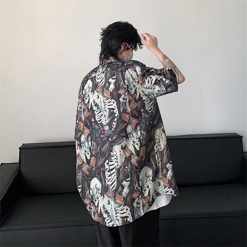 2025夏季新款男式短袖纽扣衬衫休闲印花夏威夷风格C845,男装T恤,星座1108