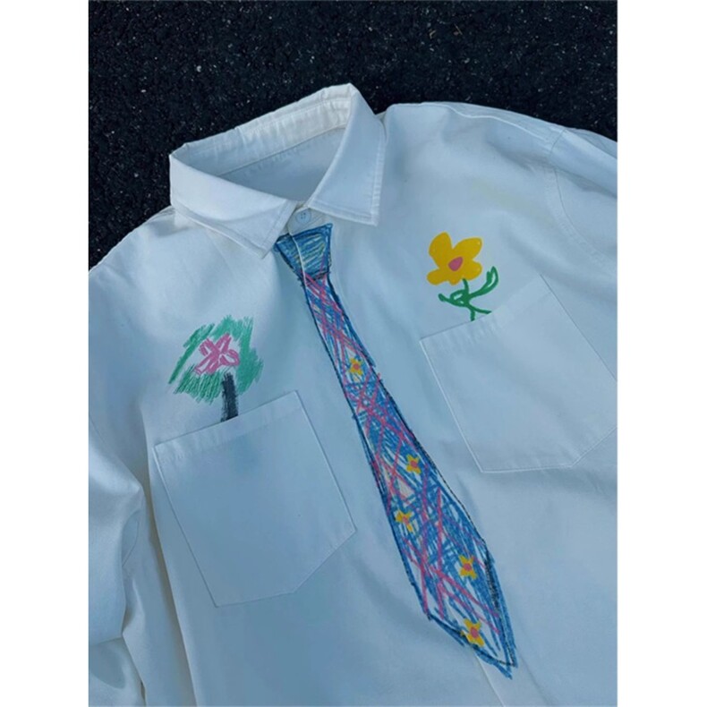 美式白色衬衫男款春季长袖手绘领带衬衣内搭学院风外套CY1087-P40，男装衬衫，星座412-1
