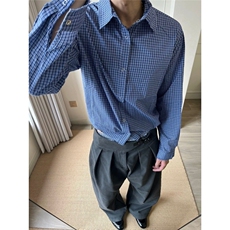 夏秋~老钱风miu系蓝色格子百搭下摆抽绳长袖衬衫W1327/特P38，男装衬衫，电商B350