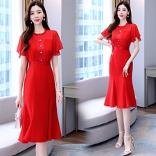 绿色连衣裙女收腰显瘦气质正式场合高级感超好看鱼尾长裙图片
