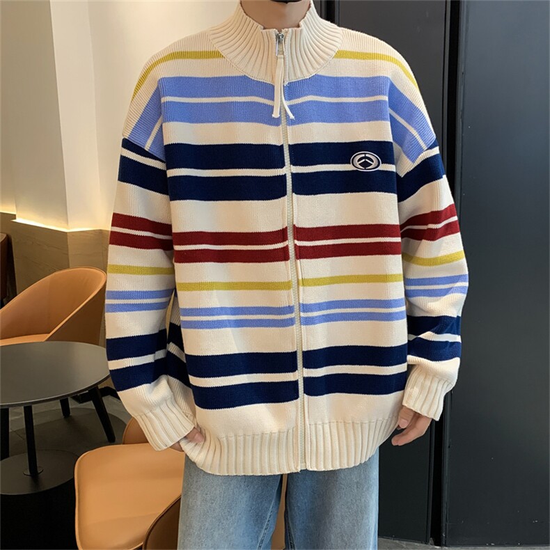 冬款男高领拉链毛衣条纹拼接开衫刺绣外套M5026 P60图片