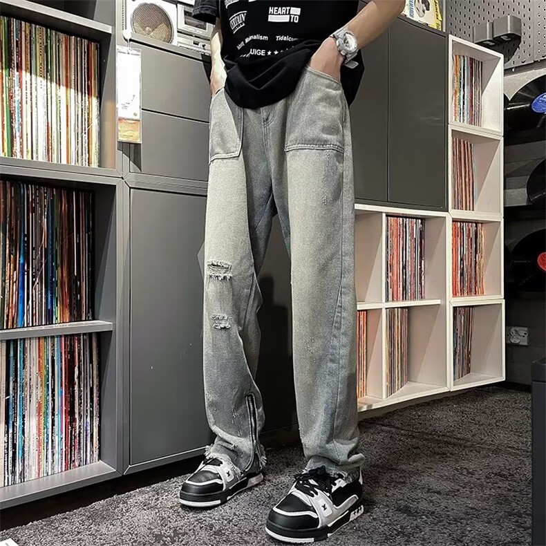破洞牛仔裤男秋夏拉链开叉设计感高级潮牌宽松直筒裤子RK759-P49图片