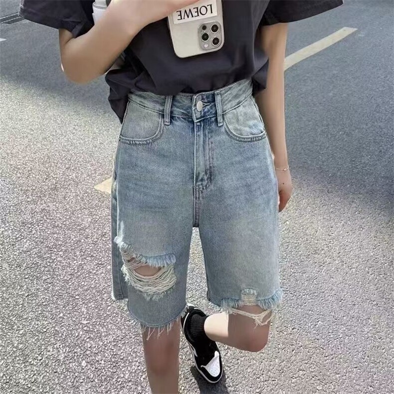 五分牛仔短裤女夏季新款高腰破洞宽松复古显瘦显高学生阔腿裤中裤,男装牛仔裤,星座1210-1