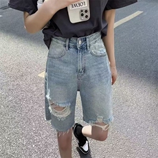 五分牛仔短裤女夏季新款高腰破洞宽松复古显瘦显高学生阔腿裤中裤，男装牛仔裤，星座1210-1