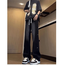 春秋蓝色抽绳牛仔裤男美式vibe裤子男款阔腿宽松弯刀直筒微喇裤子，男装牛仔裤，星座506A