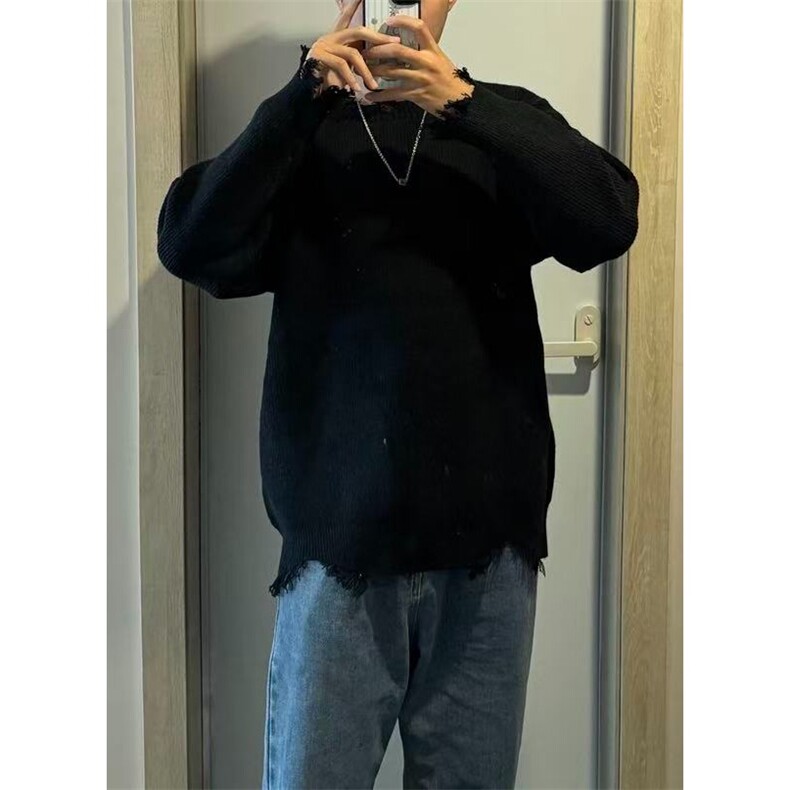 灰色破坏风毛衣男秋冬季潮牌痞帅慵懒cleanfit宽松内搭针织打底衫,男装T恤,星座1210-1