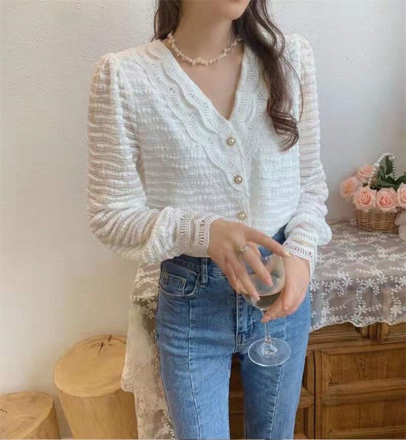 2021秋季新款小香风V领蕾丝花边长袖褶百搭上衣,女装其它,L·H·X