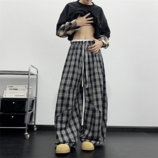 港风秋款男女千鸟格休闲裤双裤头条纹格子阔腿褶皱长裤h8048P50，男装休闲裤，星座1013-1