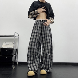 港风秋款男女千鸟格休闲裤双裤头条纹格子阔腿褶皱长裤h8048 P50图片
