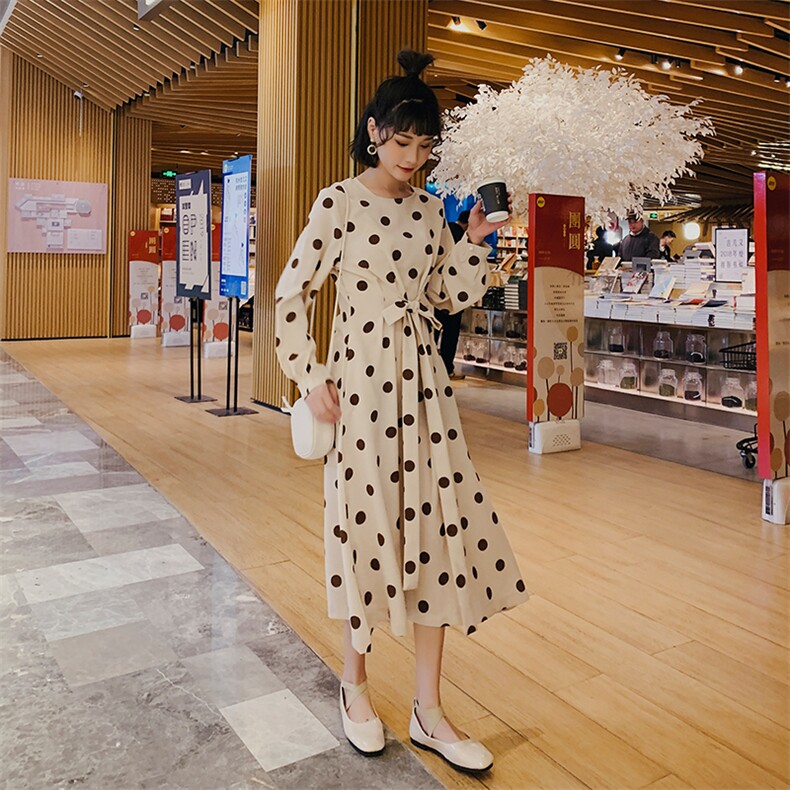 现货杏色复古波点圆点雪纺连衣裙1318A-6621138,女装连衣裙,西子