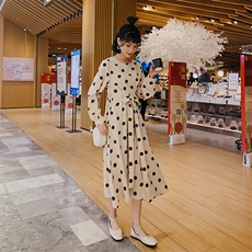 现货杏色复古波点圆点雪纺连衣裙1318A-6621138，女装连衣裙，西子