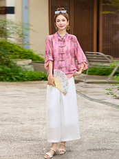 国风盘扣苎麻套装女2025夏季新款太洋气减龄休闲阔腿裤两件套，女装套装/套裙，魅影
