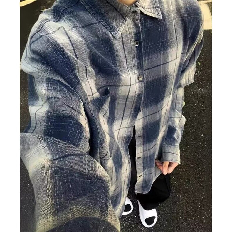 复古做旧渐变设计格纹衬衫男长袖宽松情侣格子衬衣外套C68,男装衬衫,星座1116A（原606A-3）