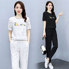 欧货洋气休闲时尚套装女2023年夏装新款蕾丝束脚裤两件套减龄显瘦，女装套装/套裙，梦依杭