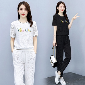 欧货洋气休闲时尚套装女2023年夏装新款蕾丝束脚裤两件套减龄显瘦图片