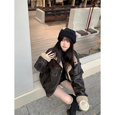 Cuitcuit秋冬pu面美拉德翻领皮夹克美式复古宽松加厚羊羔绒棉服，男装棉衣，星座506A