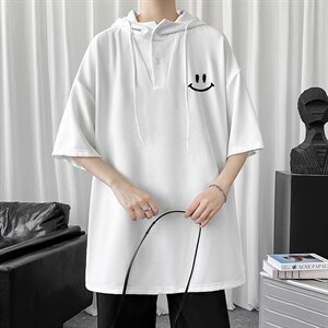 LD54204-P45 连帽短袖t恤男大码胖子带帽五分袖中袖图片