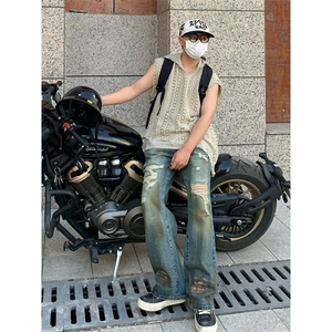 复古破洞牛仔裤女夏天薄款设计感高腰阔腿长裤宽松裤子潮NZG24图片