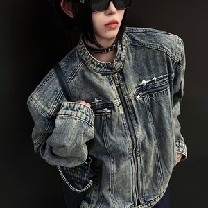 美式复古做旧水洗垫肩短款拼接牛仔外套潮牌金属设计感夹克男女图片
