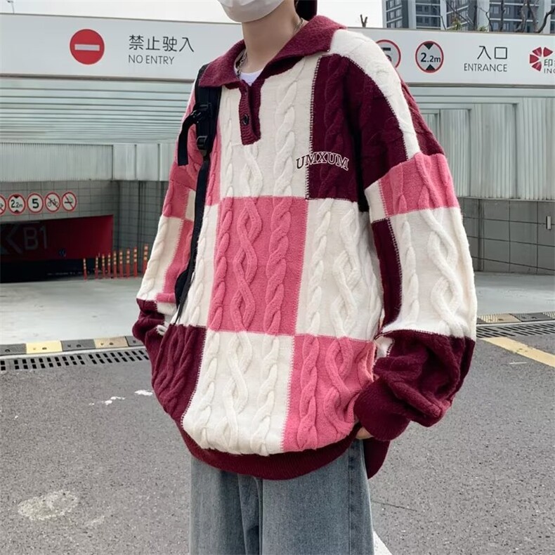 花条纹毛衣男女早秋日系复古九宫格拼色Polo针织衫CM732P65,男装针织衫/毛衣,星座1116-2