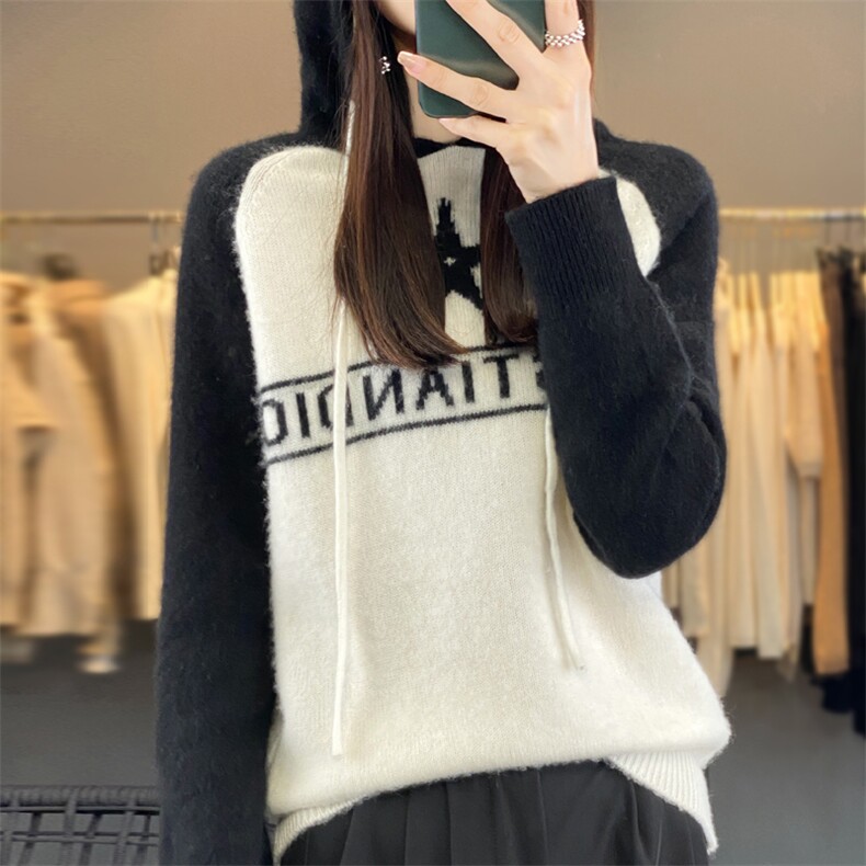 羊毛套头长袖通勤2024年秋季拼色连帽针织衫,女装羊毛衫,羿纯羊绒