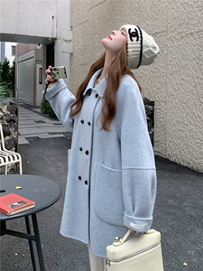 蓝色双面羊毛大衣女中长款秋冬新款韩系小个子学院风减龄毛呢外套图片