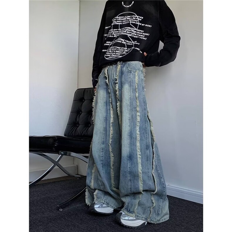 美式小众解构流苏毛边牛仔裤男设计拖地微喇阔腿长裤男RK2250-P59,男装牛仔裤,星座412-2