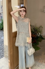 新品现货蕾丝上衣＋休闲牛仔裤套装2C117-1778P175K268，女装套装/套裙，2C117