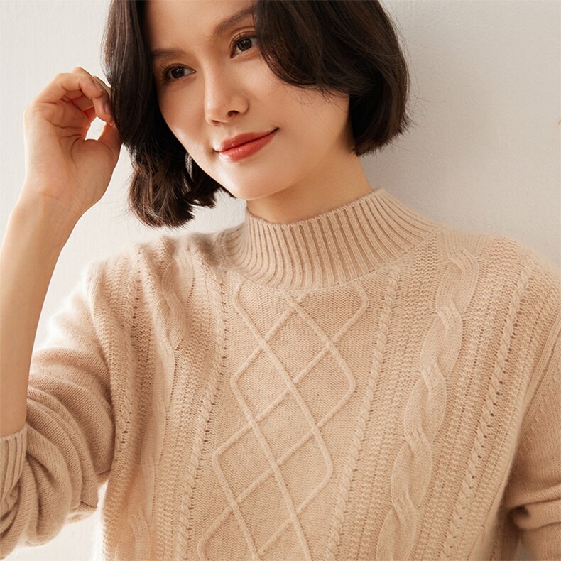 2024秋季新款女士半高领绞花长袖短款套头35%羊绒衫休闲百搭,女装羊绒衫,澳煜绒
